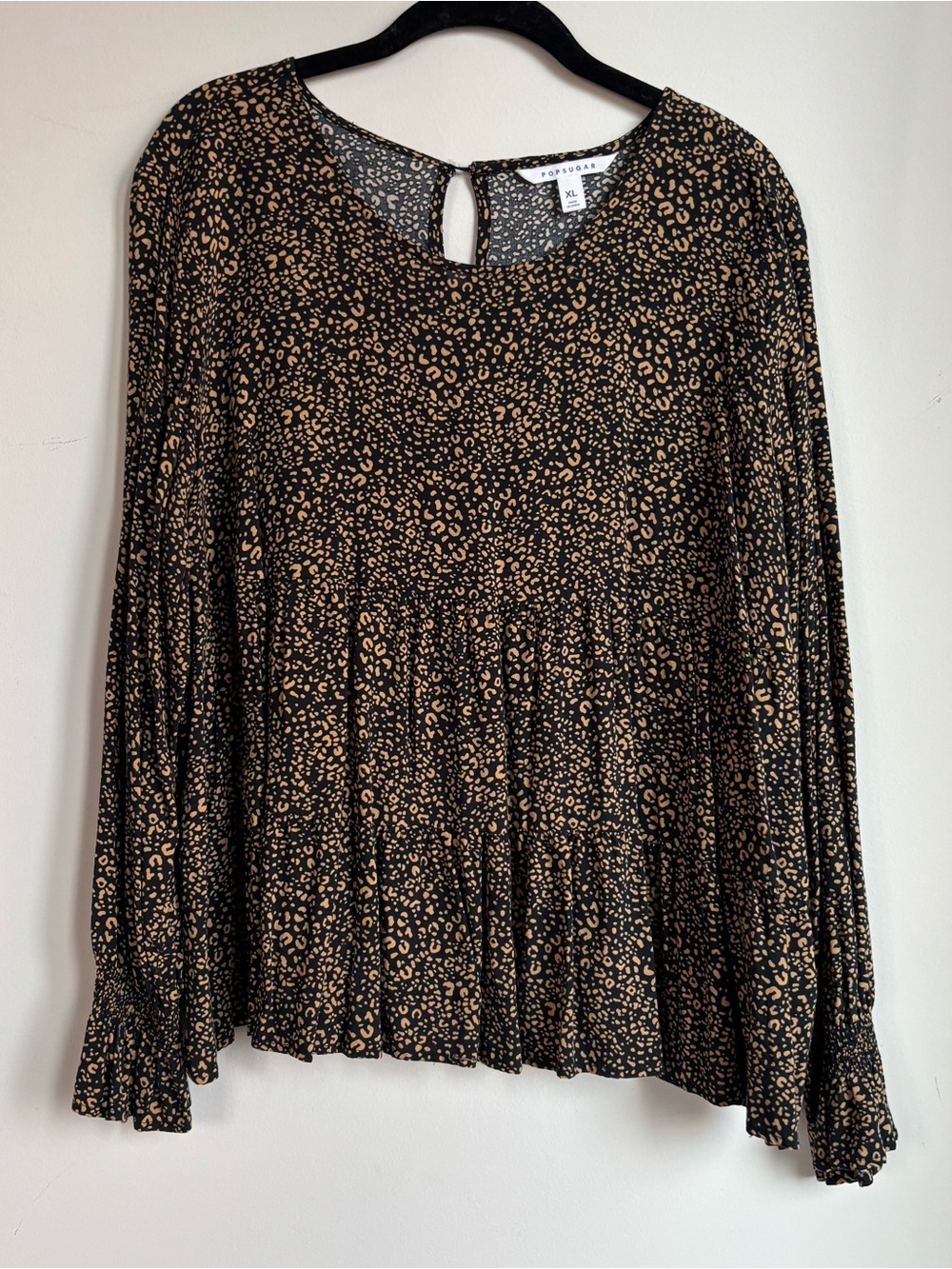 POPSUGAR Black and Tan Leopard Print Keyhole Blouse - XL